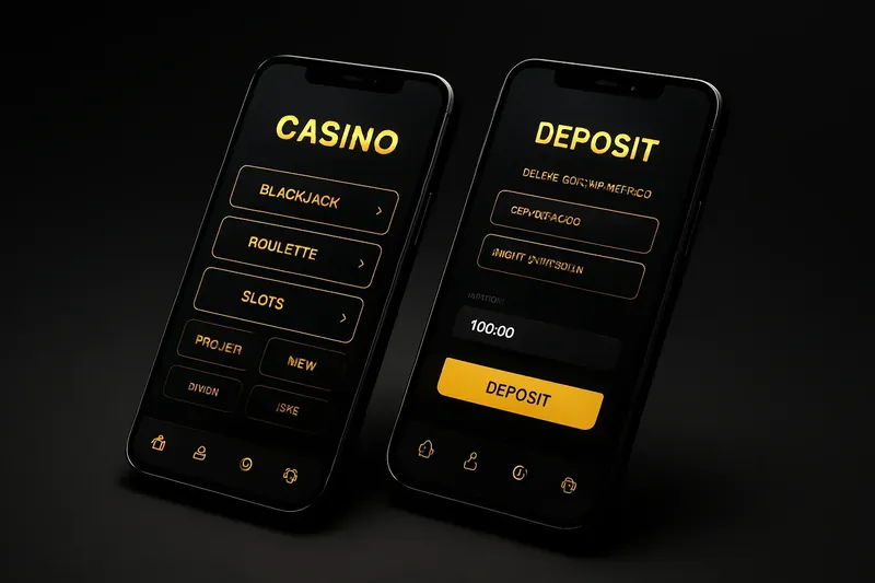 Two angled smartphones showing dark casino lobby and deposit screens