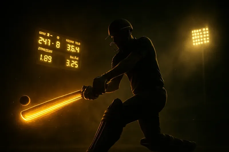 Cricket athlete in motion with neon speed trail under stadium floodlights
