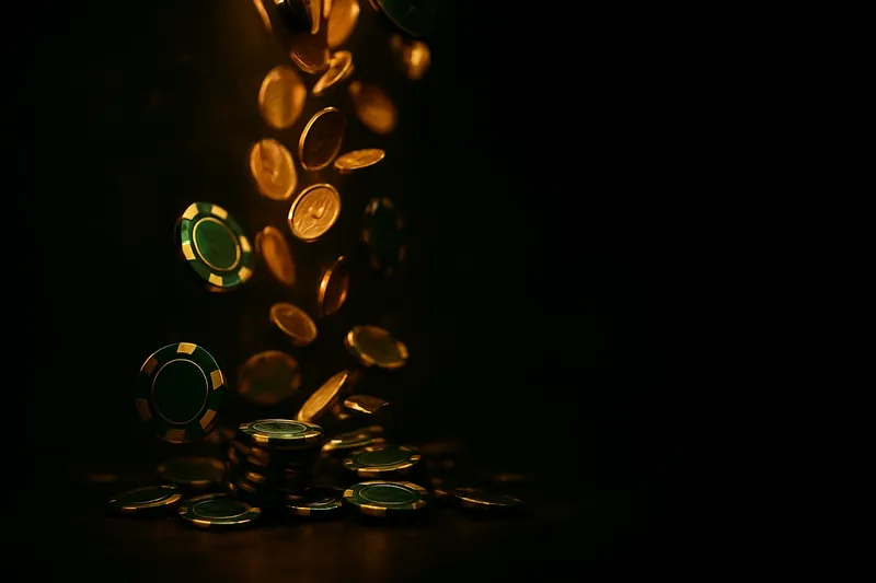 Golden coins and casino chips falling with green neon lighting