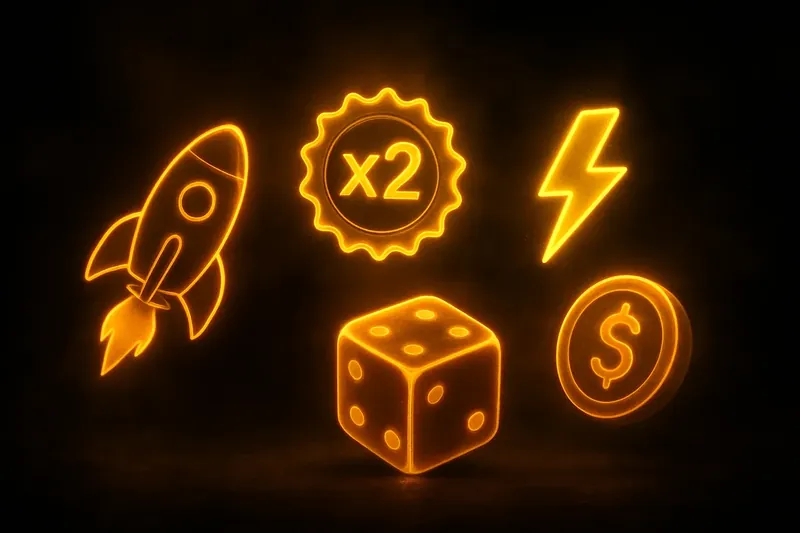 Glowing instant game icons with rocket, dice, coin, and lightning