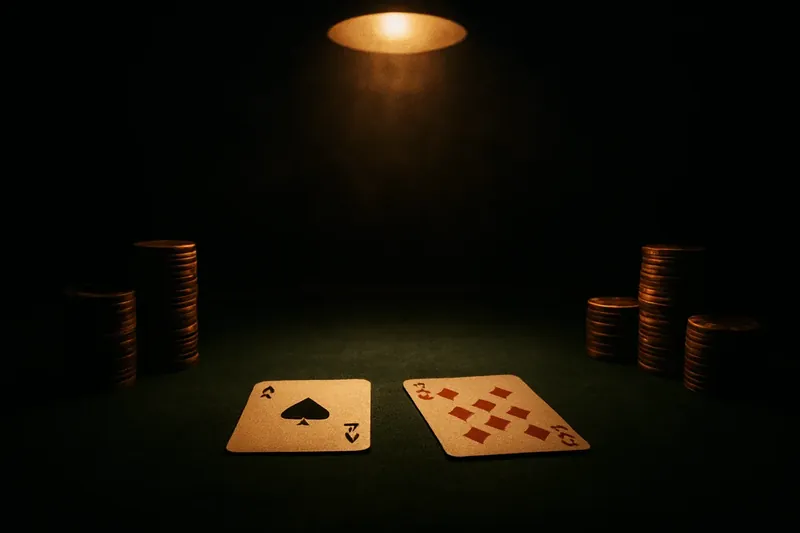 Face-up baccarat cards and chip stacks on green felt table
